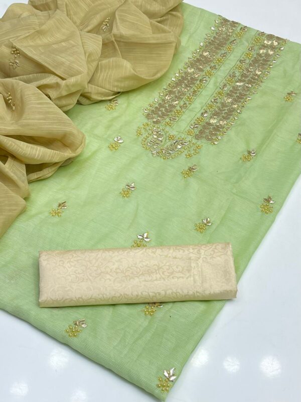 Handmade Gota Applique & Beats work Khaddi Net Shirt Embroidered Dupata 3 PC Unstitched - Image 2