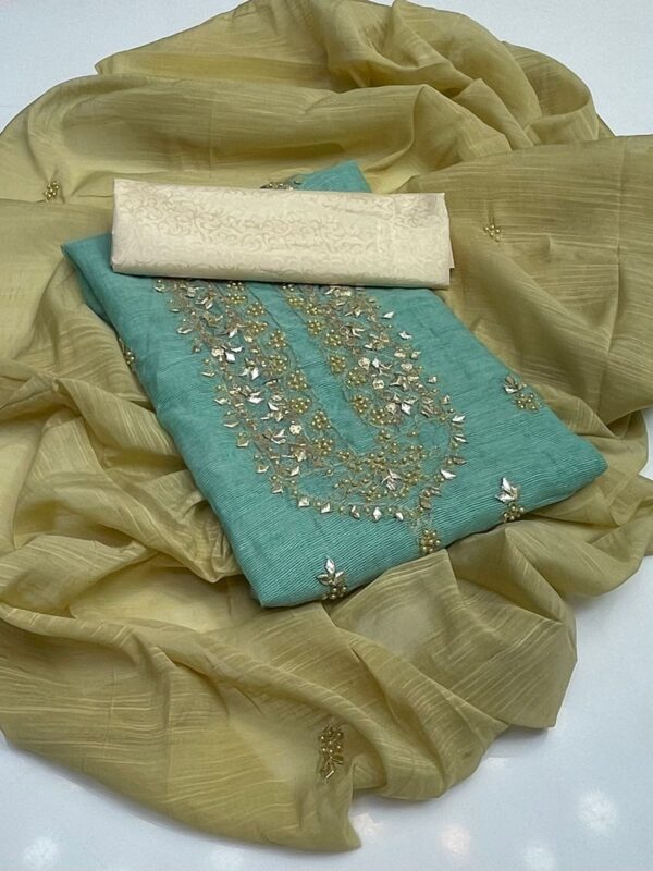 Handmade Gota Applique & Beats work Khaddi Net Shirt Embroidered Dupata 3 PC Unstitched - Image 3