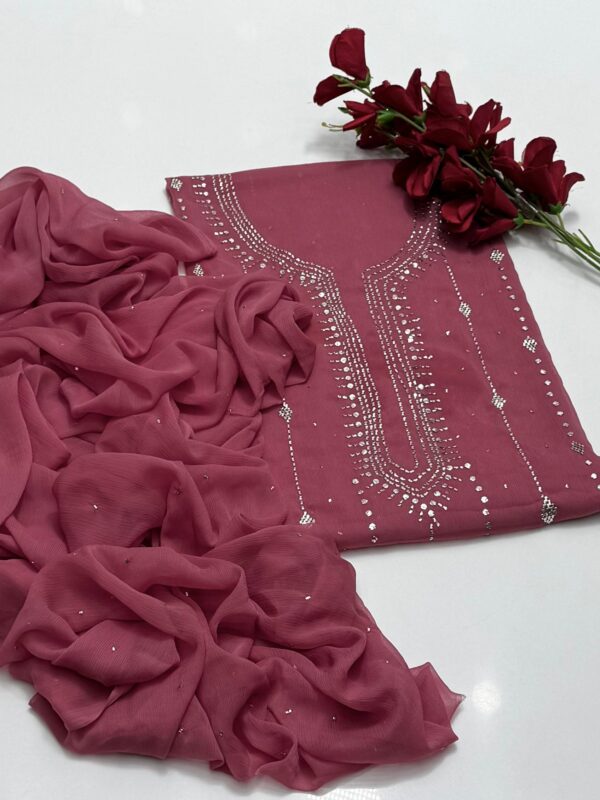 Mukaish Kamdani Work Burfi Style Bamber Chiffon 2 PC Suit - Image 3