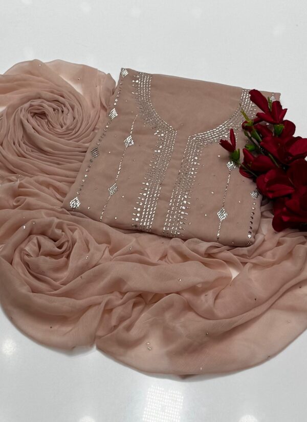 Mukaish Kamdani Work Burfi Style Bamber Chiffon 2 PC Suit - Image 4