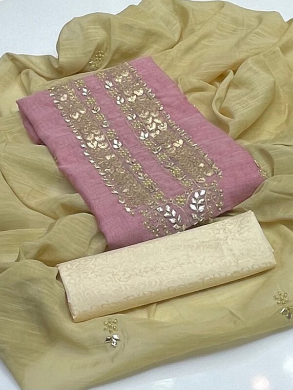 Handmade Gota Applique & Beats work Khaddi Net Shirt Embroidered Dupata 3 PC Unstitched - Image 4