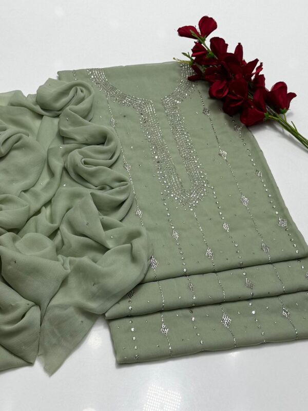 Mukaish Kamdani Work Burfi Style Bamber Chiffon 2 PC Suit - Image 5