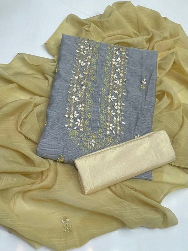 Handmade Gota Applique & Beats work Khaddi Net Shirt Embroidered Dupata 3 PC Unstitched - Image 5