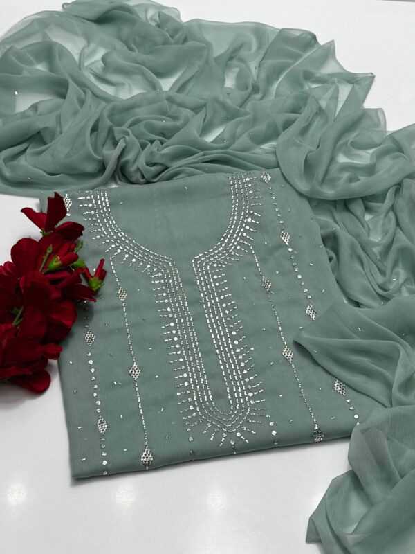 Mukaish Kamdani Work Burfi Style Bamber Chiffon 2 PC Suit - Image 7