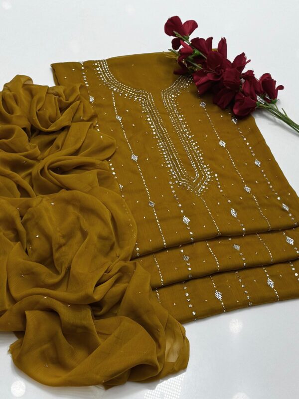 Mukaish Kamdani Work Burfi Style Bamber Chiffon 2 PC Suit - Image 11