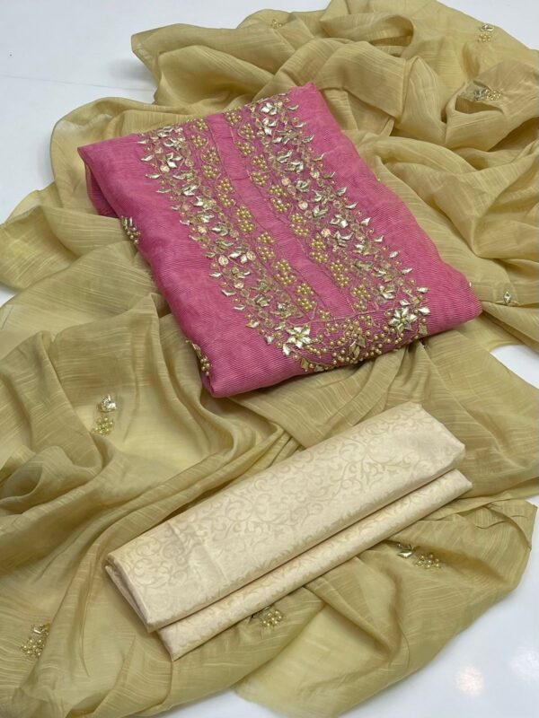 Handmade Gota Applique & Beats work Khaddi Net Shirt Embroidered Dupata 3 PC Unstitched - Image 6