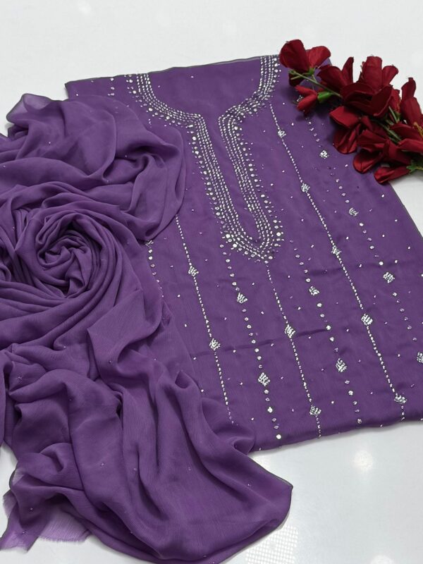 Mukaish Kamdani Work Burfi Style Bamber Chiffon 2 PC Suit - Image 14
