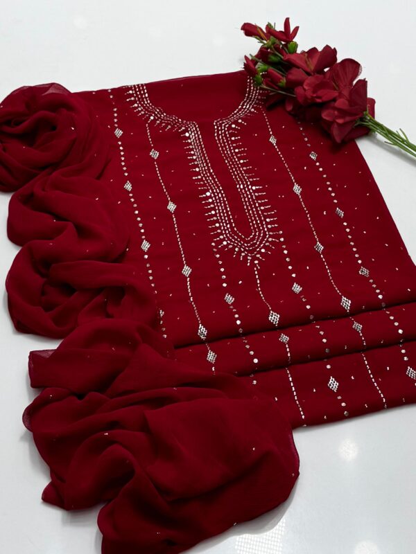 Mukaish Kamdani Work Burfi Style Bamber Chiffon 2 PC Suit - Image 15