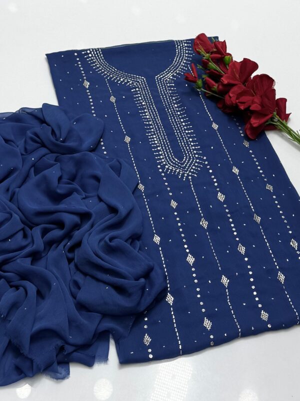 Mukaish Kamdani Work Burfi Style Bamber Chiffon 2 PC Suit - Image 16