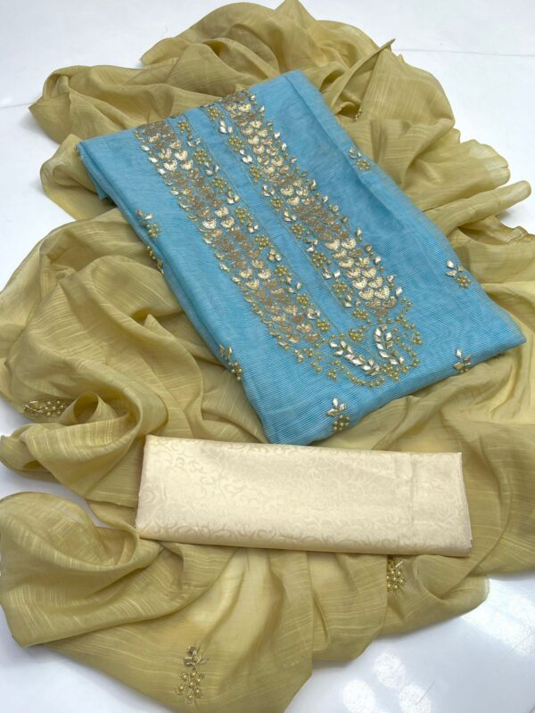 Handmade Gota Applique & Beats work Khaddi Net Shirt Embroidered Dupata 3 PC Unstitched - Image 9