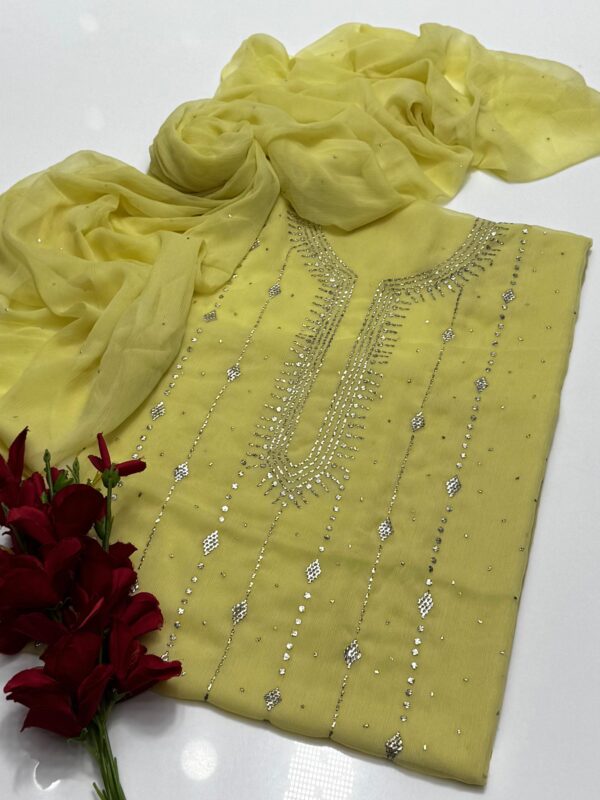 Mukaish Kamdani Work Burfi Style Bamber Chiffon 2 PC Suit - Image 18