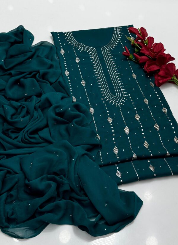 Mukaish Kamdani Work Burfi Style Bamber Chiffon 2 PC Suit - Image 19