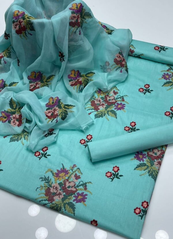 Cross Stitch Flower Embroidered GTM Lawn 3 Pc Suit - Image 2