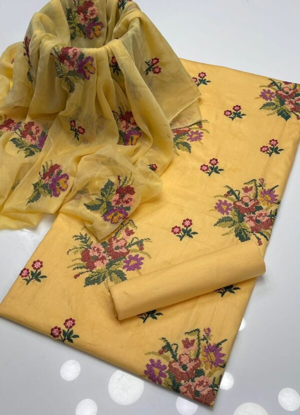 Cross Stitch Flower Embroidered GTM Lawn 3 Pc Suit - Image 3