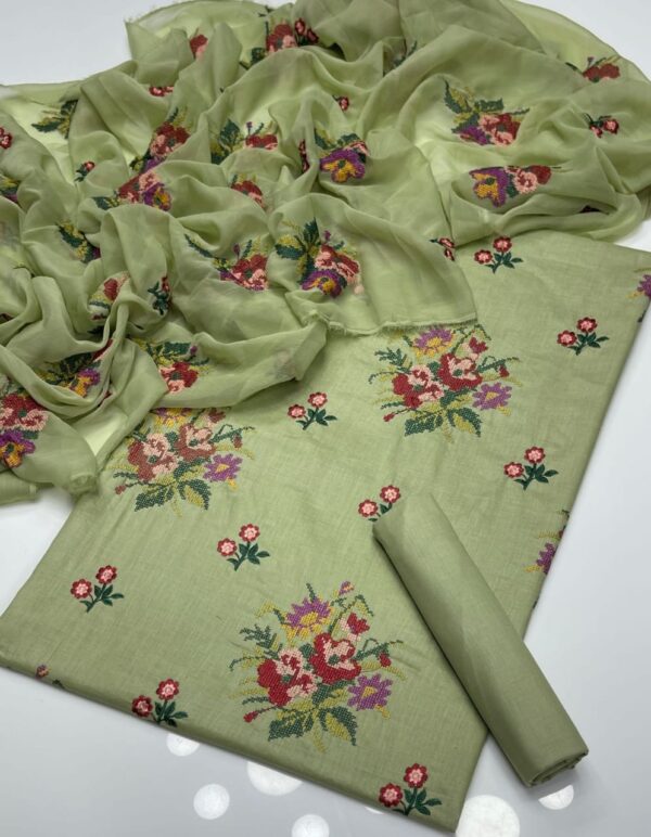 Cross Stitch Flower Embroidered GTM Lawn 3 Pc Suit - Image 4