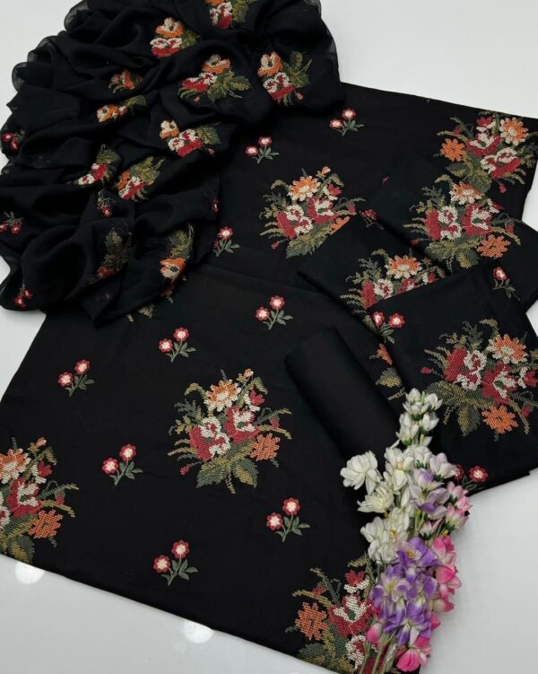 Cross Stitch Flower Embroidered GTM Lawn 3 Pc Suit - Image 8