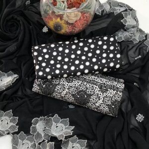 Black and White Polka Dot Lawn 3 Pc with Chiffon Embroidered Dupata