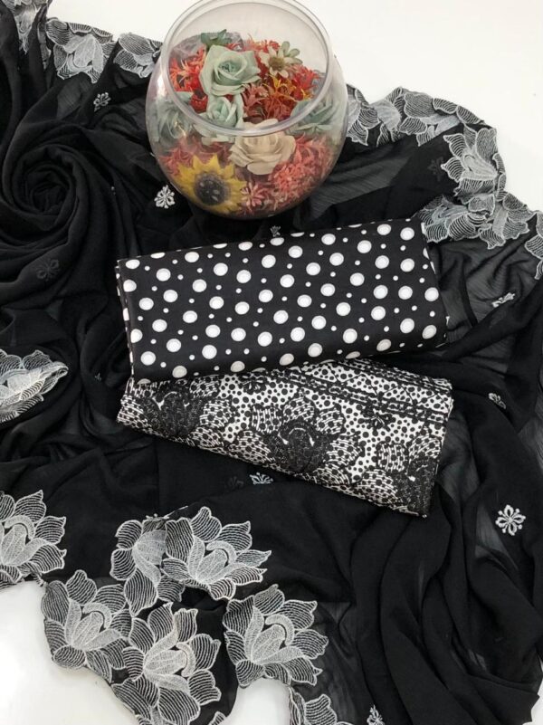 Black and White Polka Dot Lawn 3 Pc with Chiffon Embroidered Dupata