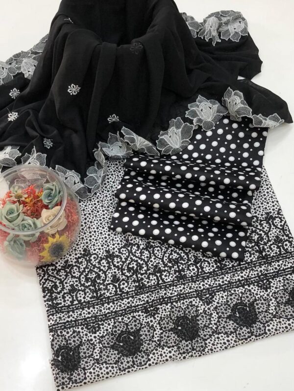 Black and White Polka Dot Lawn 3 Pc with Chiffon Embroidered Dupata - Image 2