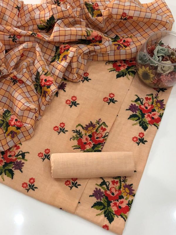 Khaddi Cotton cross stitch Embroidery 3 Pc Suit unstitched - Image 4