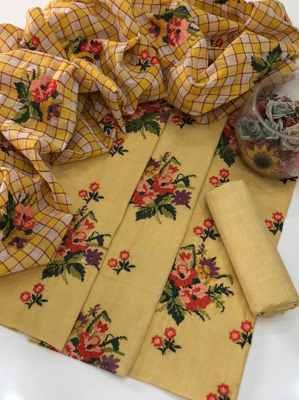 Khaddi Cotton cross stitch Embroidery 3 Pc Suit unstitched - Image 7