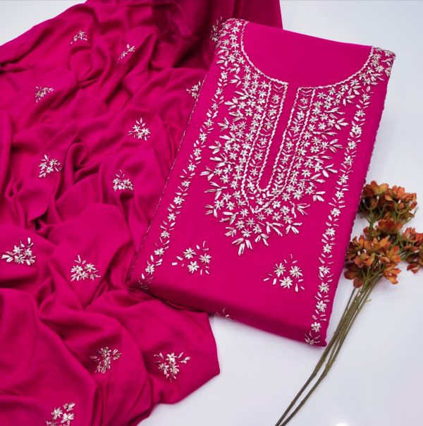 Fine Linen Handmade LCD Gota Work 3Pc Unstitched Suit - Image 2