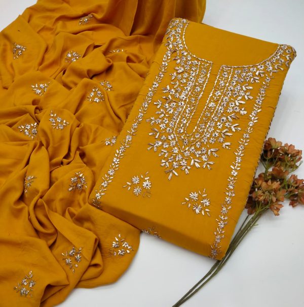 Fine Linen Handmade LCD Gota Work 3Pc Unstitched Suit - Image 4