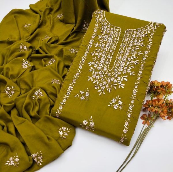 Fine Linen Handmade LCD Gota Work 3Pc Unstitched Suit - Image 12