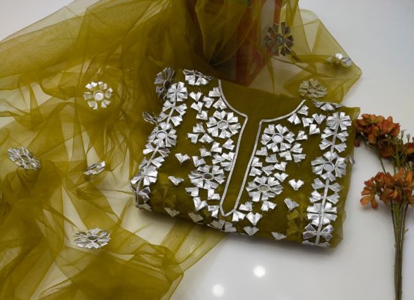 Silver Gota With Mirror on Net 2 Pc Unstitched - Image 3
