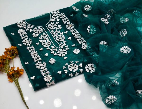 Silver Gota With Mirror on Net 2 Pc Unstitched