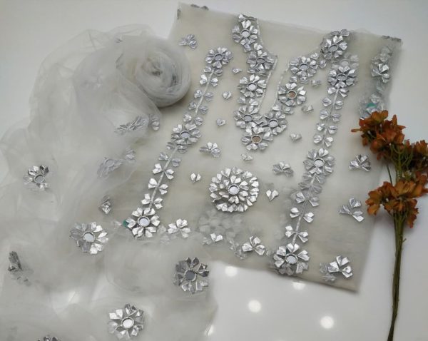 Silver Gota With Mirror on Net 2 Pc Unstitched - Image 10